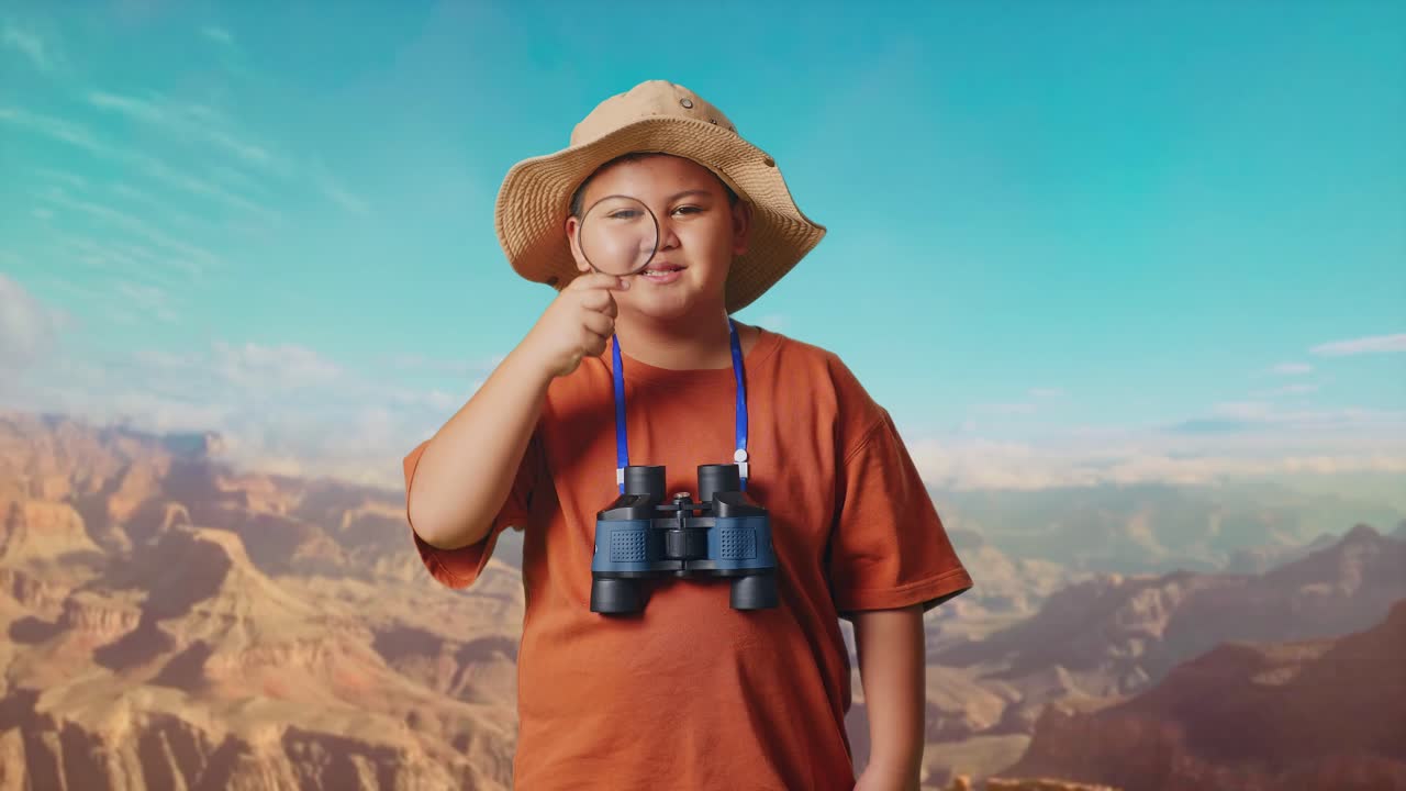 Asian Boy With A Hat And Binoculars Looking Through The Magnifying Glass Examines Something While Traveling At The Top Of Mountain. Boy Researcher, Travel Tourism Adventure Concept
