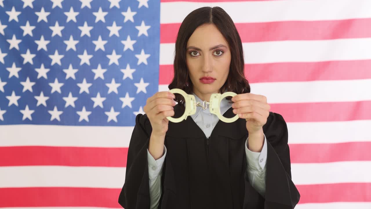 A judge holding handcuffs in front of an American flag