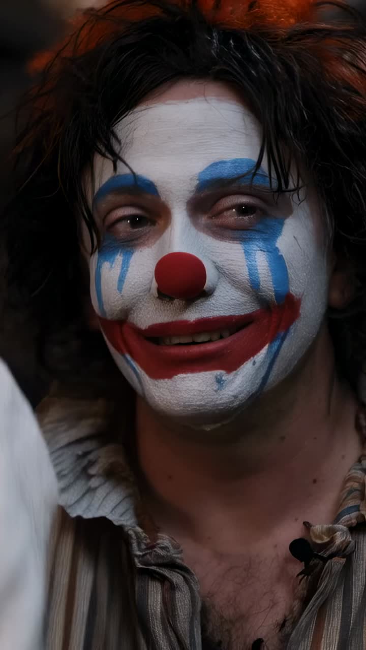 Vertical video: Wiping clown actor in costume rubbing makeup with white cloth backstage after show