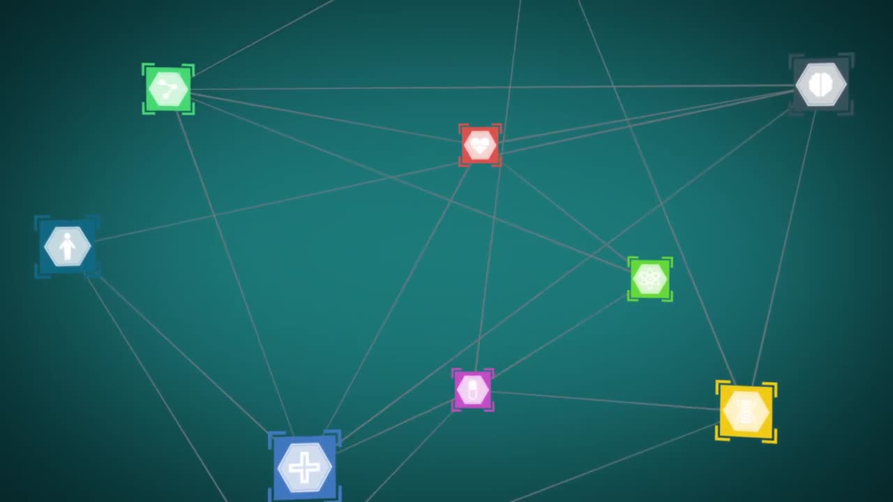 animación de la red de conexiones con iconos digitales flotando sobre un fondo verde