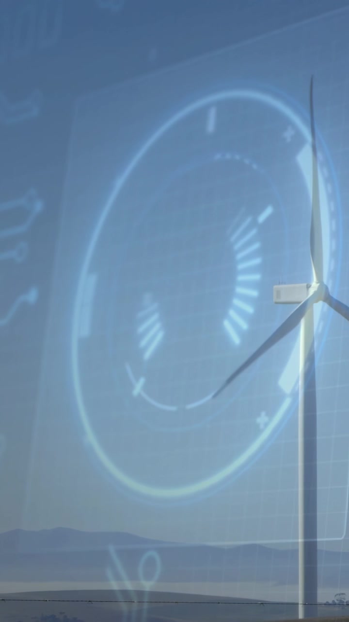 Vertical video: HUD overlay growing and animating ticks while wind turbine turning, showing energy