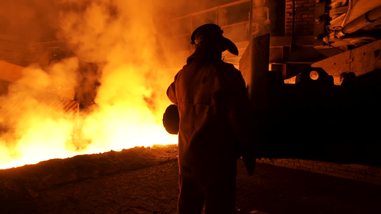 Operaio di acciaieria che osserva metallo fuso