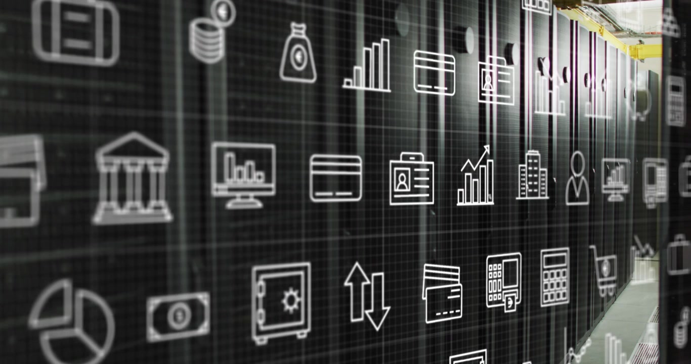 Animation of multiple icons over data server racks in server room
