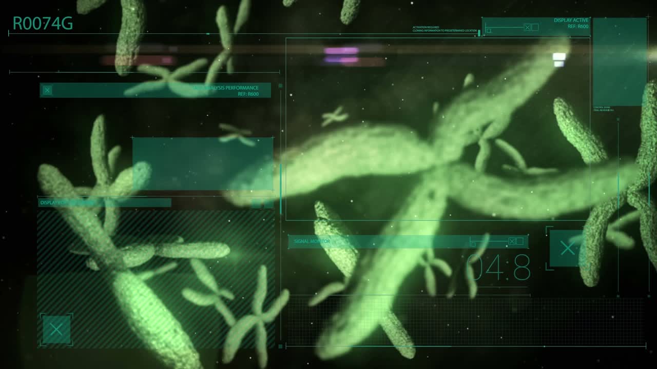 Animation of data processing over chromosomes on black background