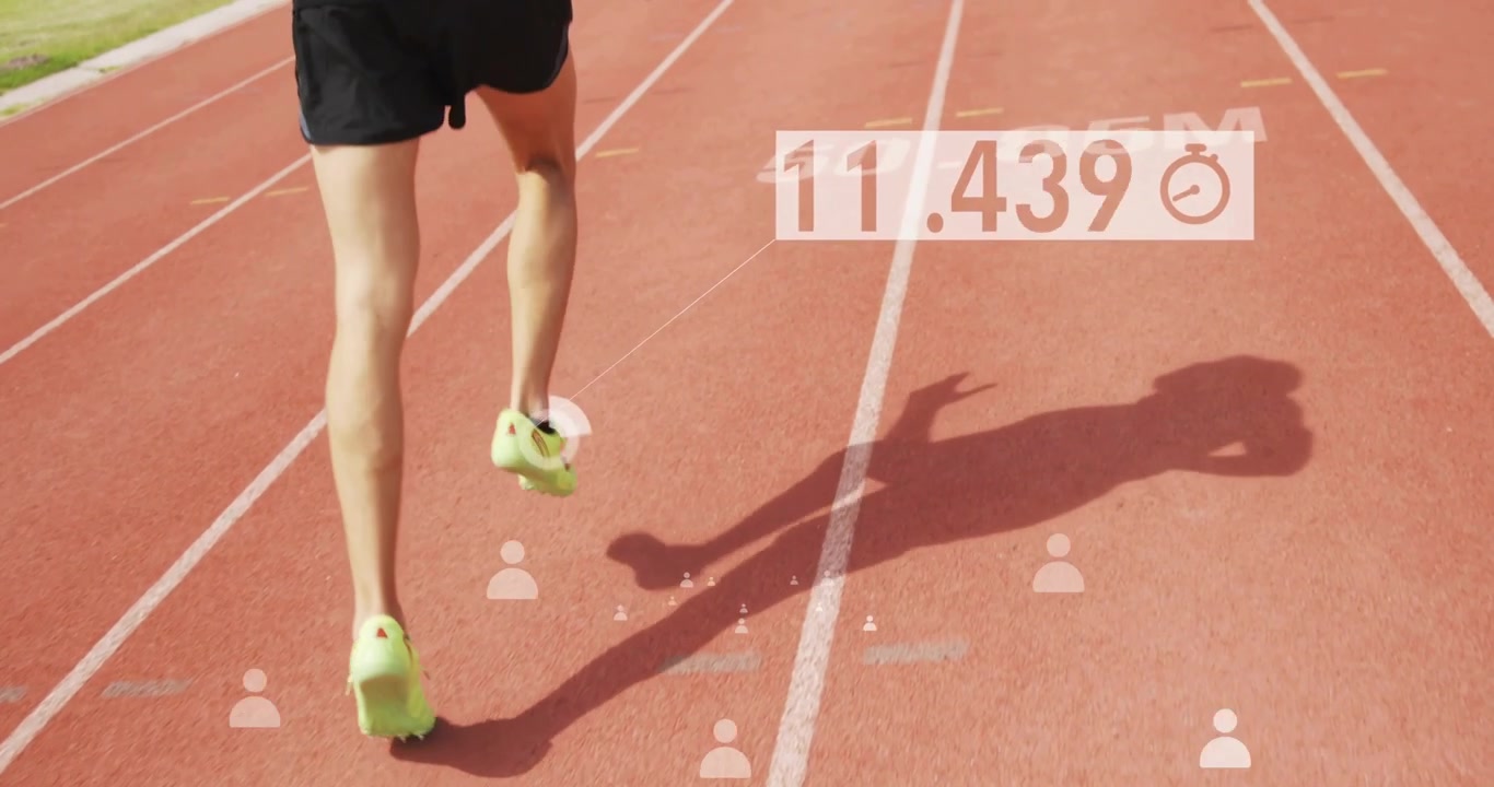 Adult male runner sprinting on red sports track, foot striking 45-54M while HUD updating times