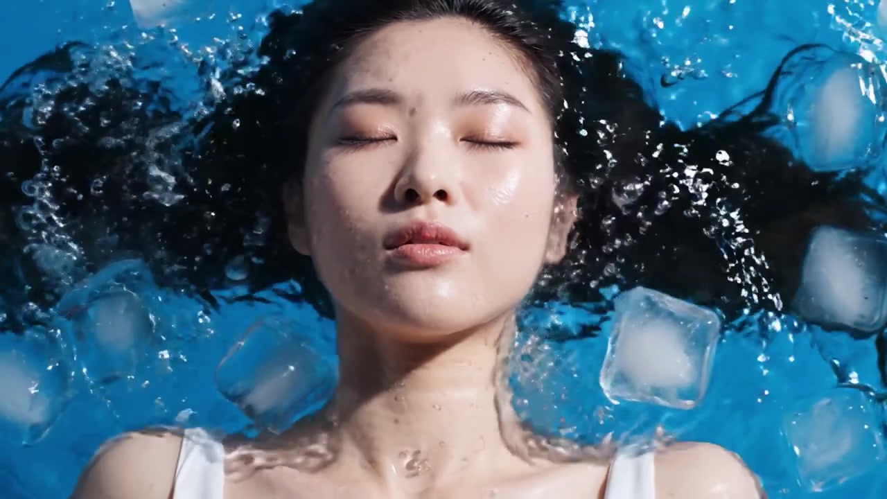 Un momento sereno sotto la superficie: un primo piano di una donna che si rilassa nell'acqua circondata da cubetti di ghiaccio, evocando tranquillità e ristoro.