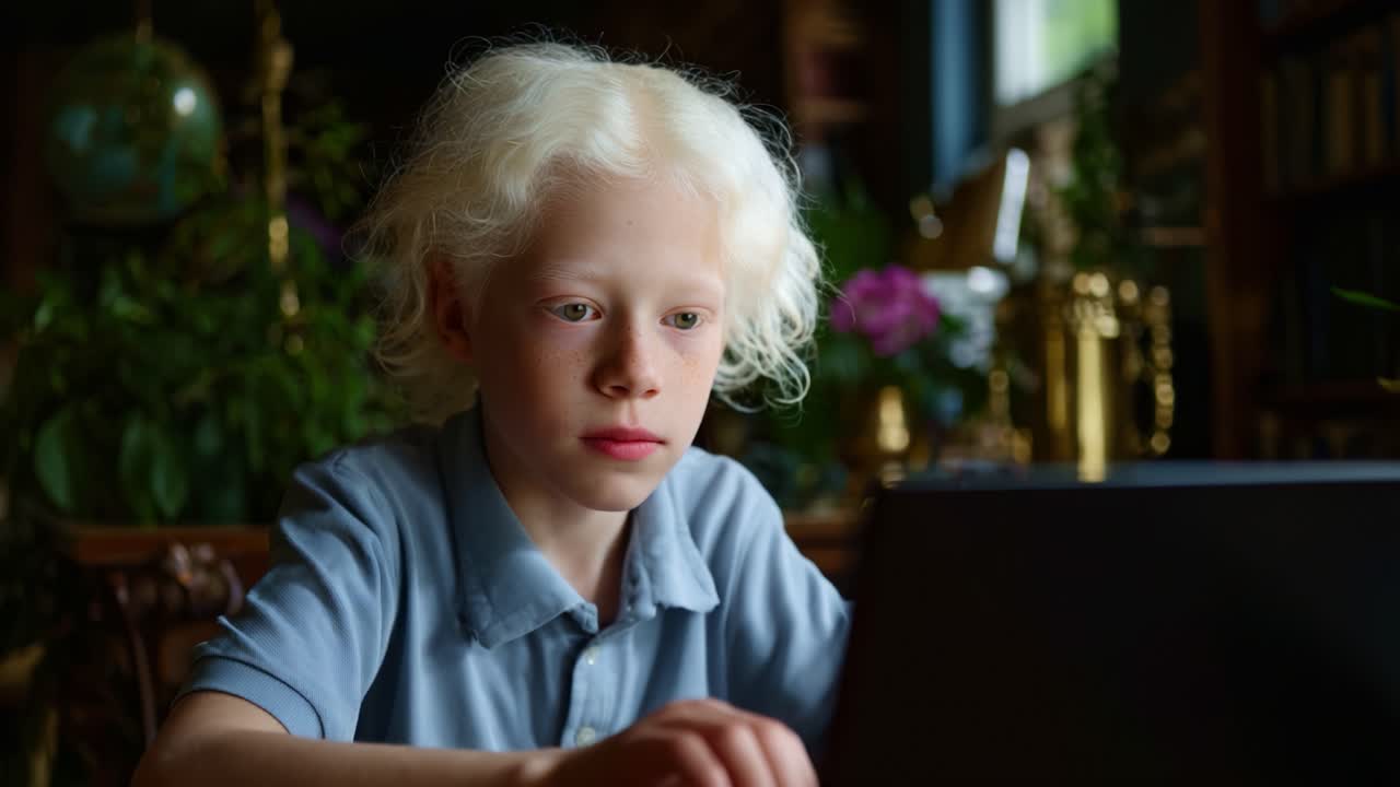 En betænksom, ung dreng fordybet i læring på sin laptop, omgivet af grønne planter. Et øjeblik af nysgerrighed og fokus i en hyggelig atmosfære.