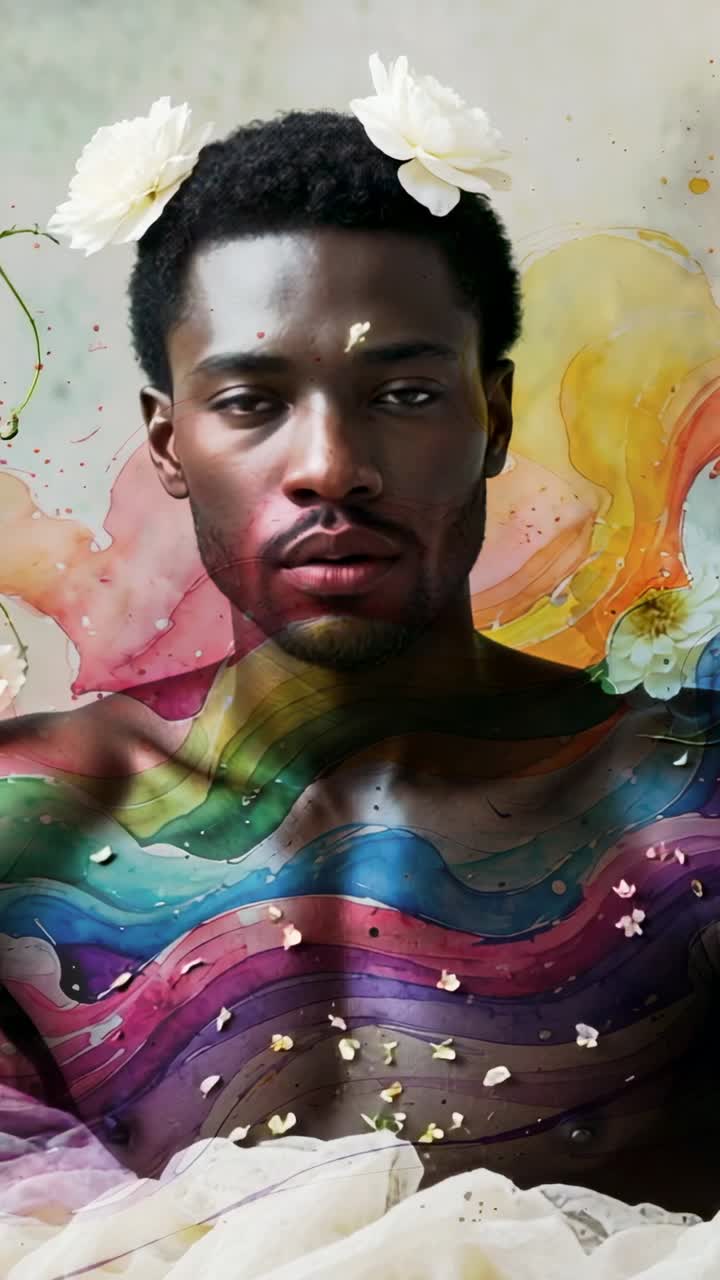 Vertical video: Man opening eyes in studio with first frame unfolding, flower crowns, paint, petals