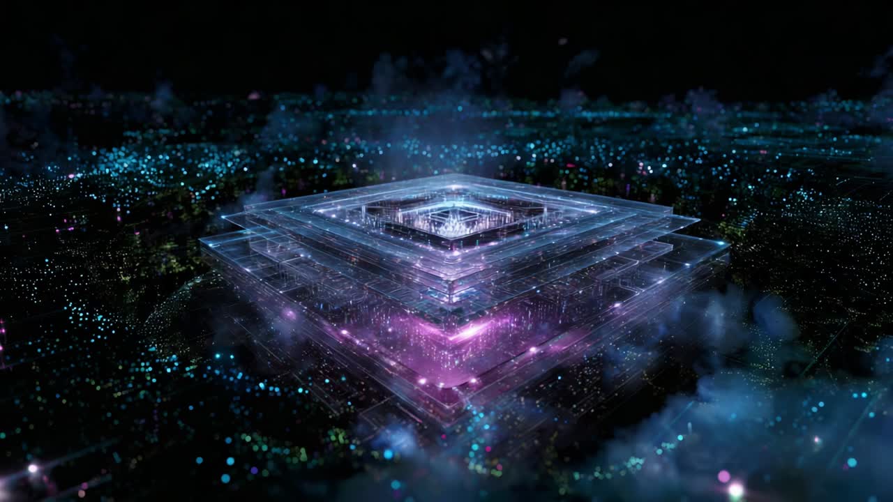 Mesmerizing Abstract Digital Landscape Featuring an Illuminated Geometric Structure with Vivid Colors, glowing particles, and atmospheric effects that create a captivating visual experience of depth and dimension