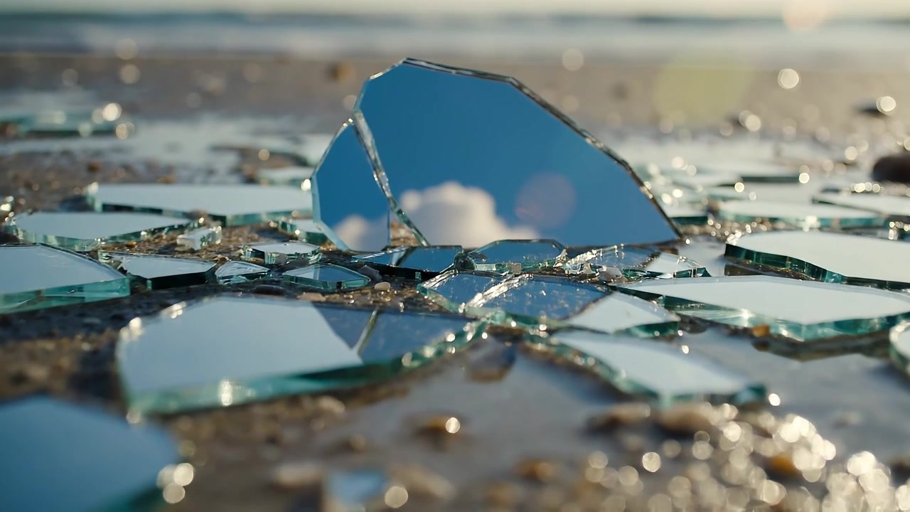 Broken mirror shards scattered on a sandy beach at sunset
