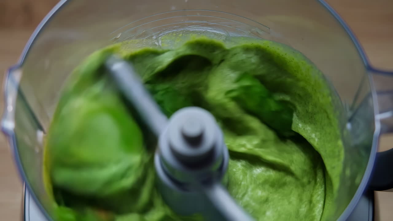 Bright Green Pesto Blending In Blender Fresh Basil Leaves Garlic Nuts Olive Oil Being Pureed To Creamy Sauce