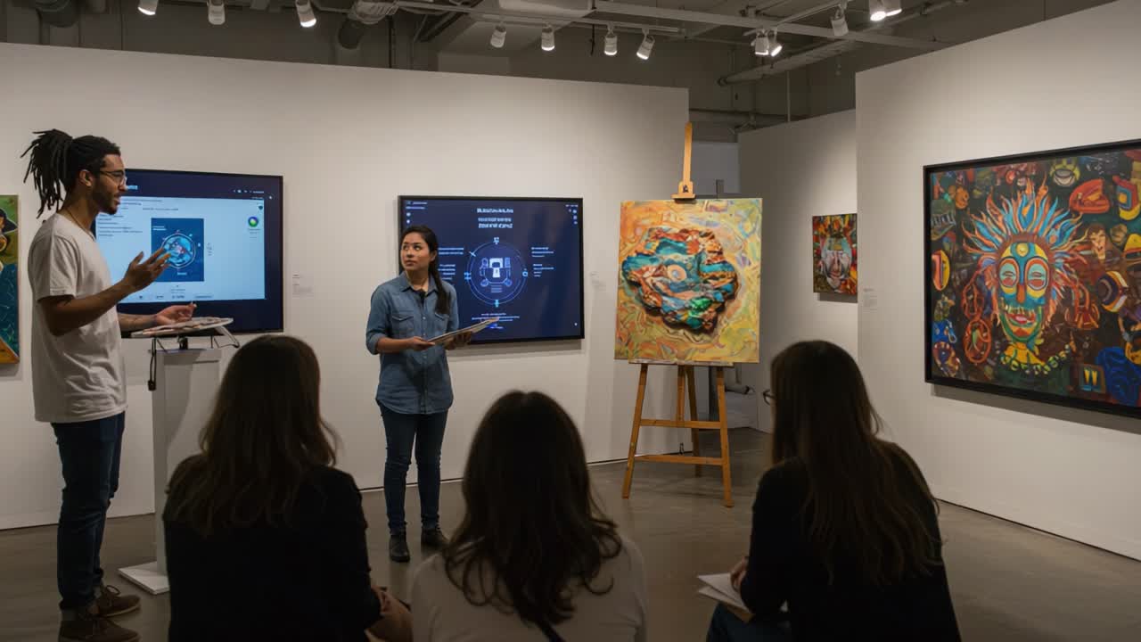 Art Exhibition Presentation: Engaging Artists Discussing Creative Insights and Techniques in a Modern Gallery Setting with Captivating Artwork on Display