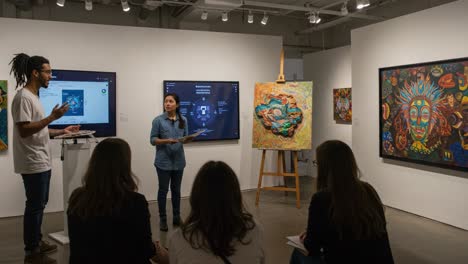 art exhibition presentation: engaging artists discussing creative insights and techniques in a modern gallery setting with captivating artwork on display