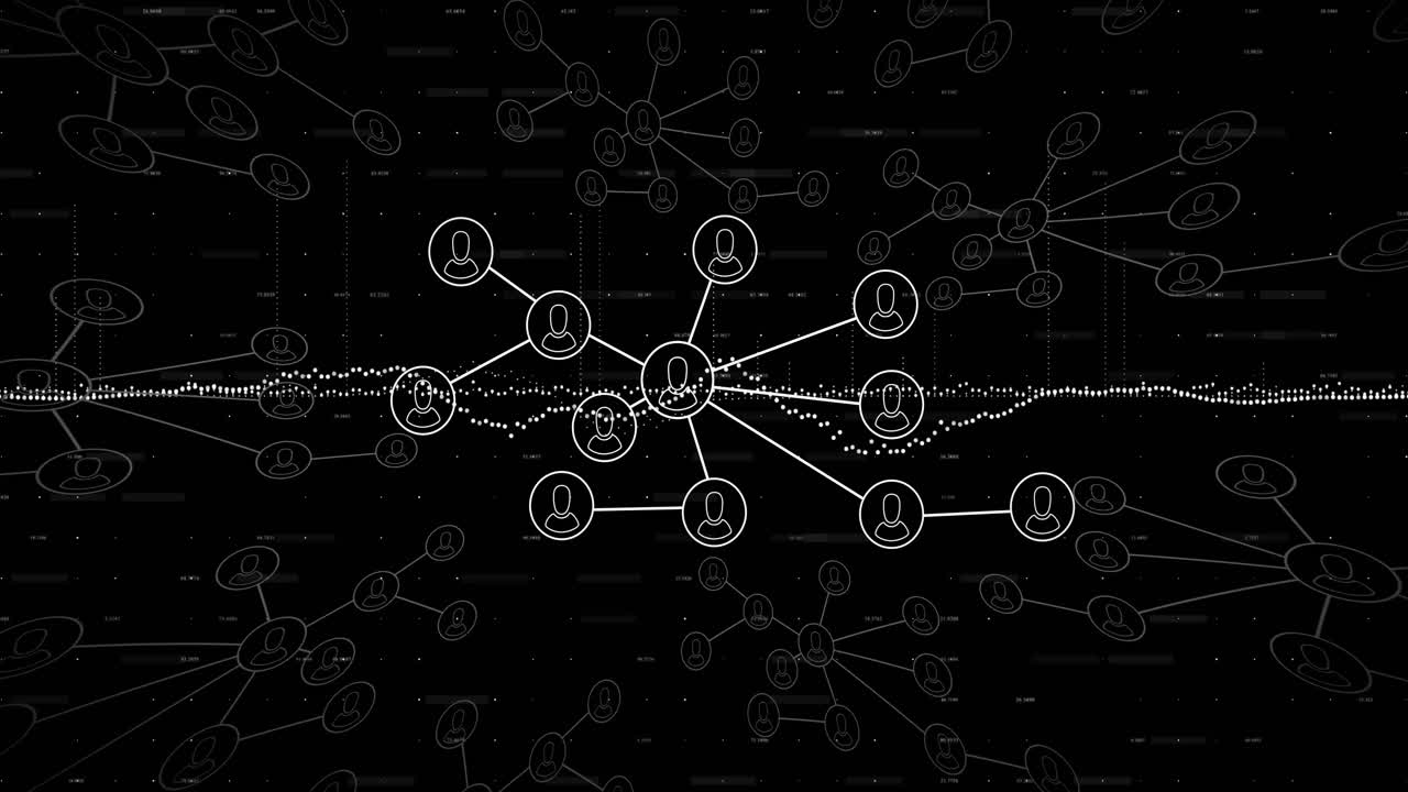 Visualizing central network node emitting connections in dark digital UI featuring white icons