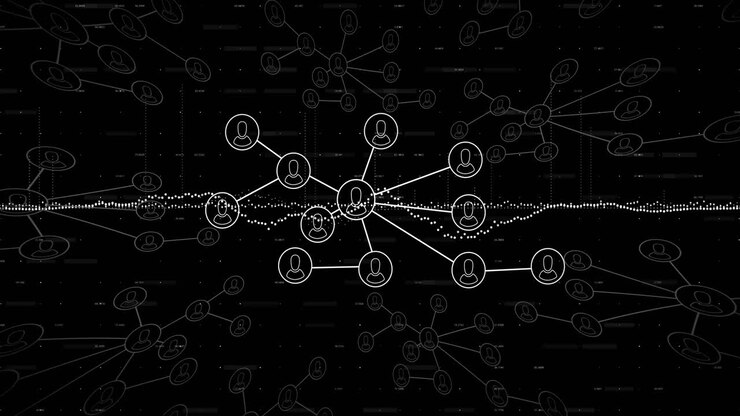 Visualizzazione di un nodo di rete centrale che emette connessioni in un'interfaccia utente digitale scura con icone bianche