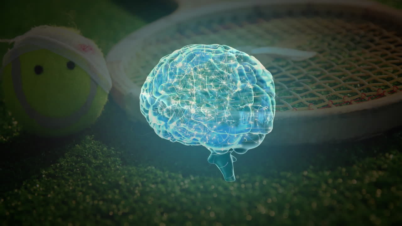 Holographic digital 3D brain floating above grass court, featuring smiley tennis ball and racket