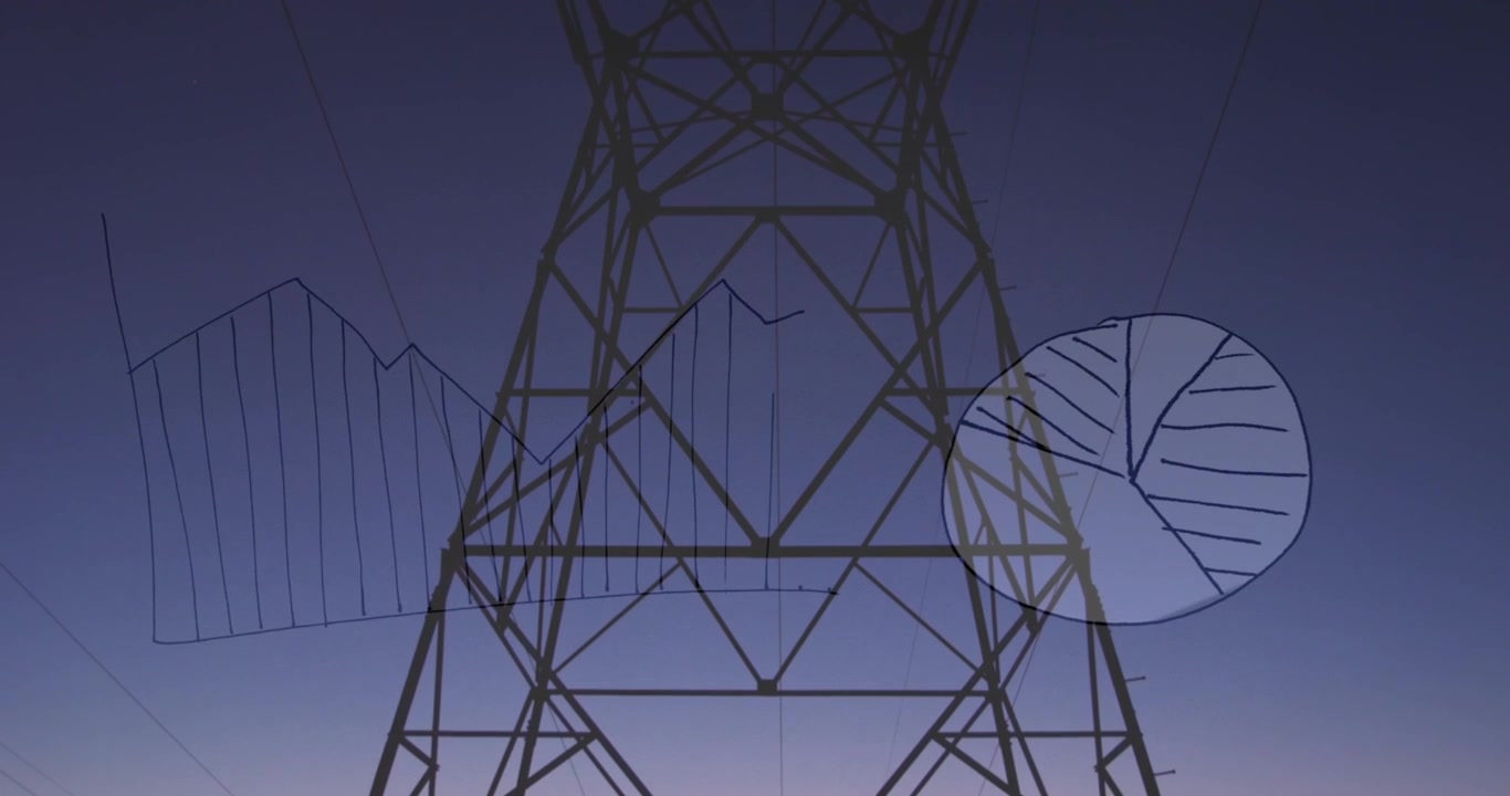 Animasjon av databehandling over strømmast og landskap.