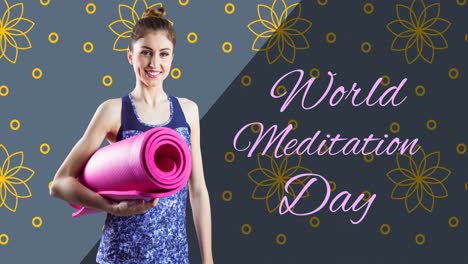 Animation-of-world-meditation-day-text-with-caucasian-woman-with-yoga-mat-on-grey-background