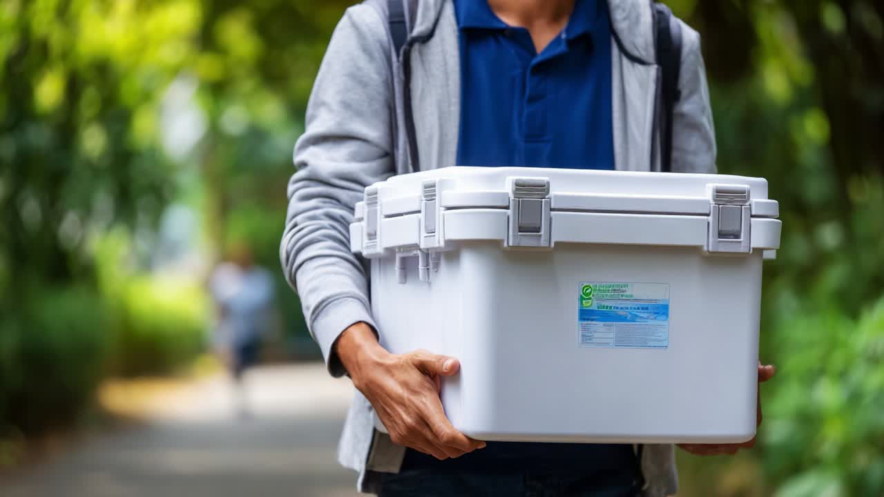 A Person Carrying a White Cooler on a Pathway Surrounded by Lush Green Trees, Ideal for Outdoor Activities, Picnics, or Food Delivery, Capturing a Moment of Transporting Essential Supplies