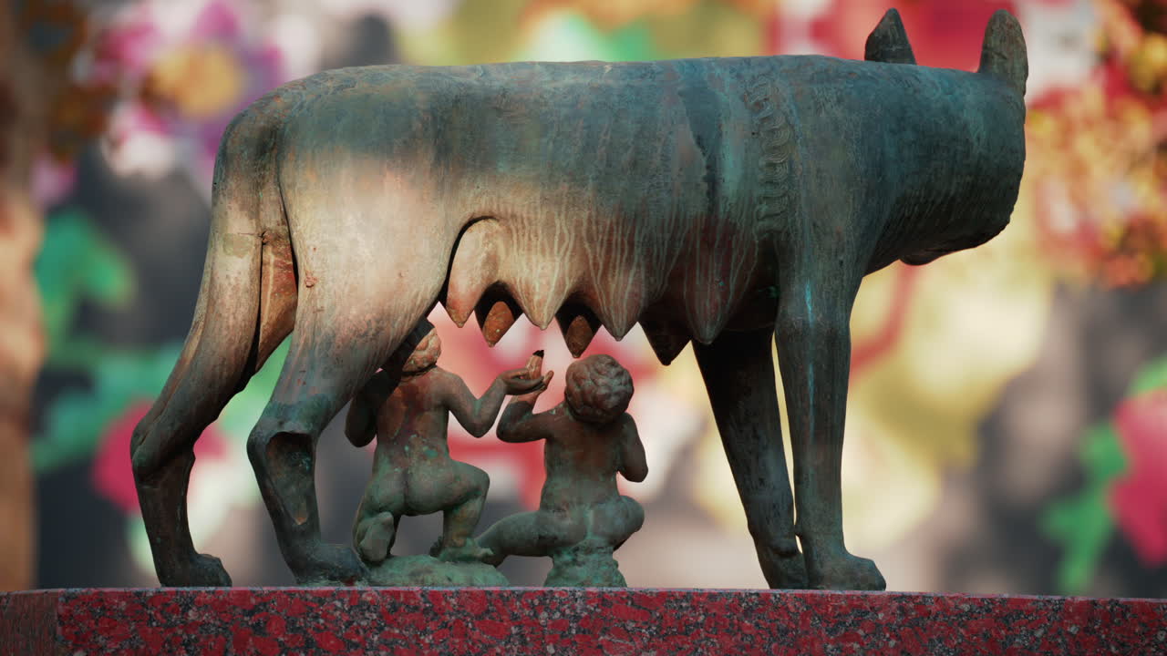 Chisinau, Moldova - September 25, 2025: Historic bronze statue of the Capitoline Wolf with Romulus and Remus on a red marble pedestal in front of the National History Museum of Moldova