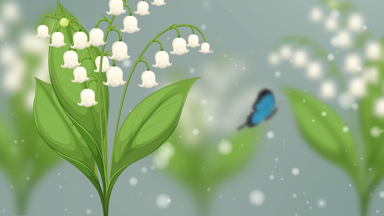 A butterfly flutters gracefully around lily flowers, set against a soft, dreamy background with gentle motion