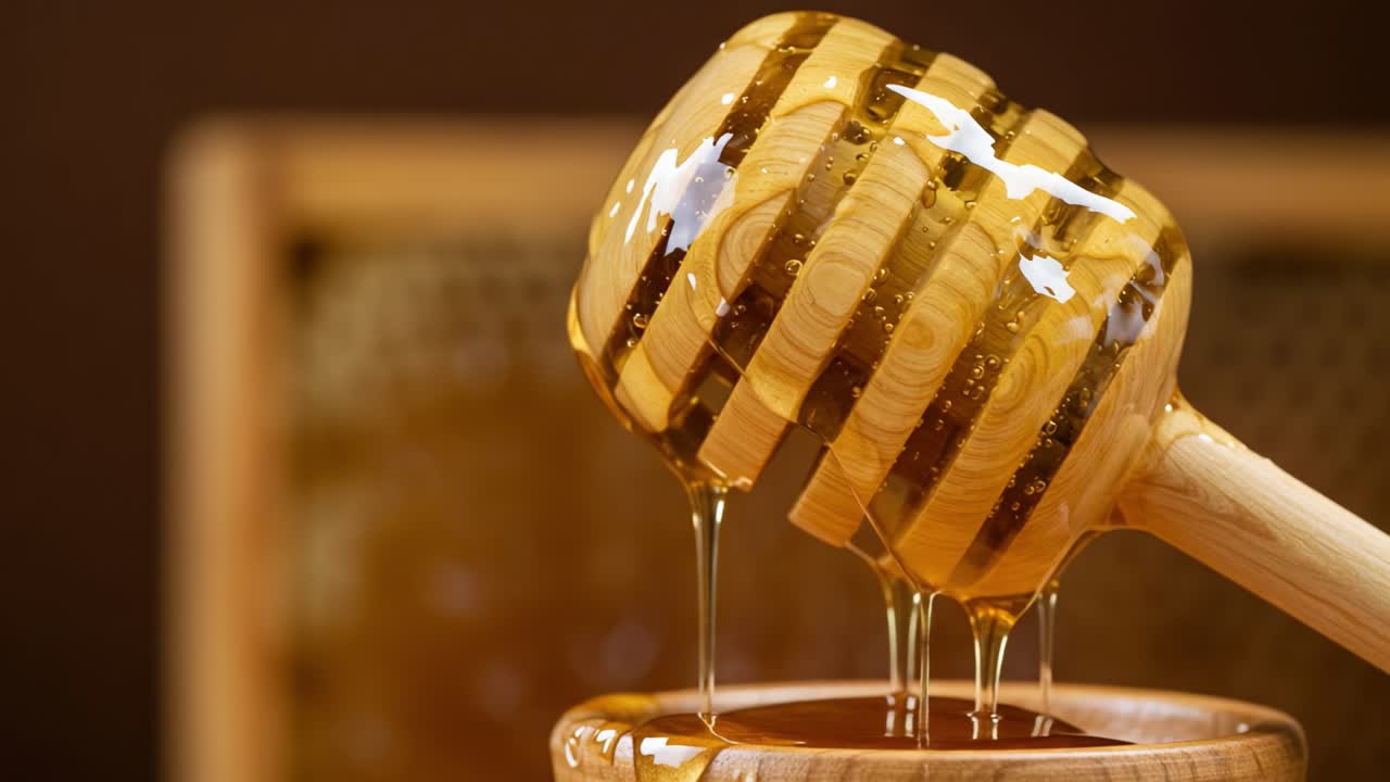 Accattivante primo piano di un mestolo per miele che gocciola miele dorato, che mette in risalto la ricca consistenza e viscosità della dolcezza naturale in un contesto culinario