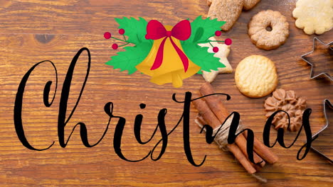 animation of christmas text over christmas cookies and decorations on wooden background