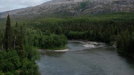 River-And-Lush-Vegetation-At-Lomsdal–Visten-National-Park-In-Norway---aerial-drone-shot