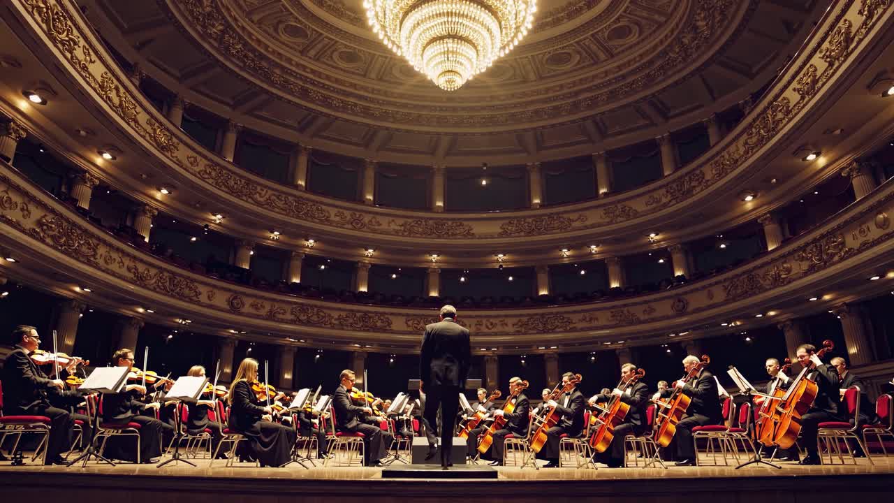 Wide-angle shot of an orchestra performing in an ornate theater, captured from the audience's
