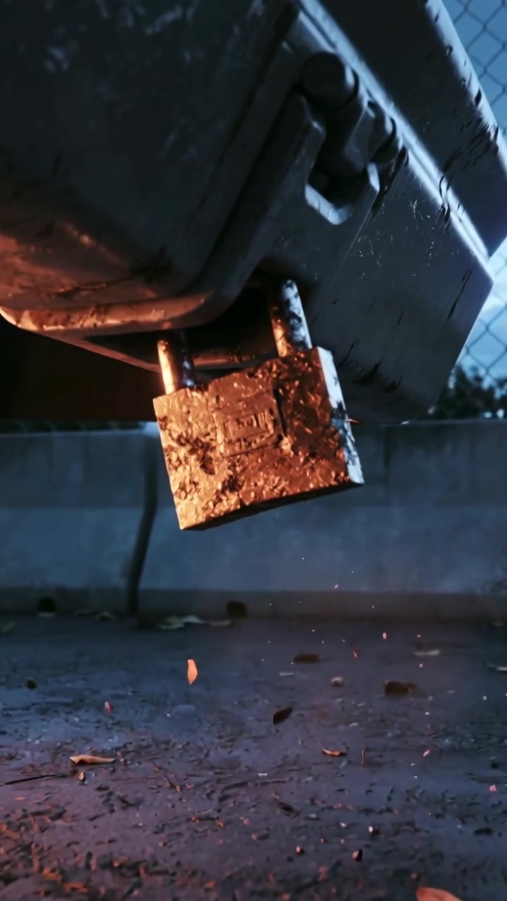 Video verticale: Lucchetto arrugginito che oscilla, perdendo scaglie di ruggine dal chiavistello, sul marciapiede, alla luce del crepuscolo.