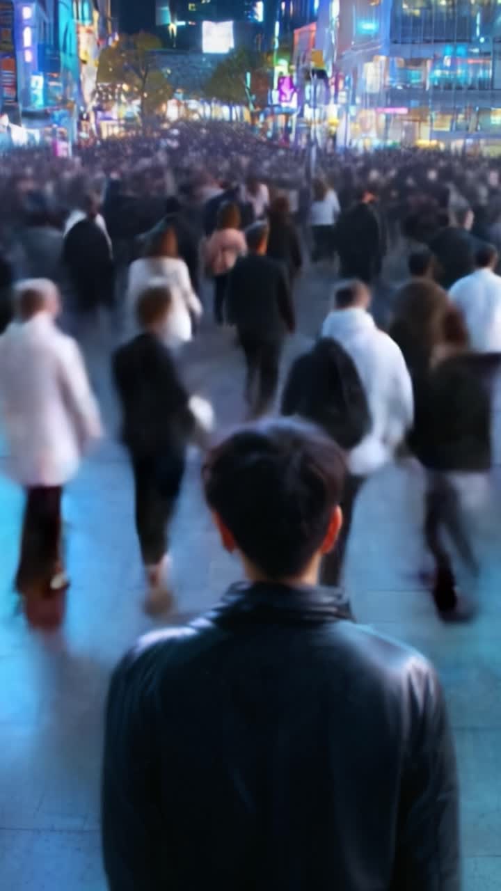 Una figura solitaria si erge ai margini di una folla vivace, osservando la vibrante vita notturna in un ambiente urbano affollato, pieno di movimento sfocato ed energia.