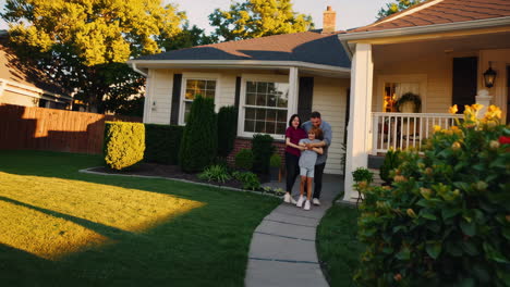 a family shares a heartfelt embrace in front of their home