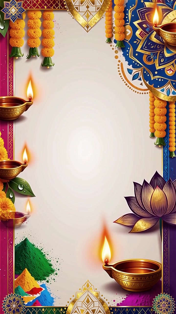 Sfondo Diwali con Diyas luminosi, Rangoli e fiori di loto