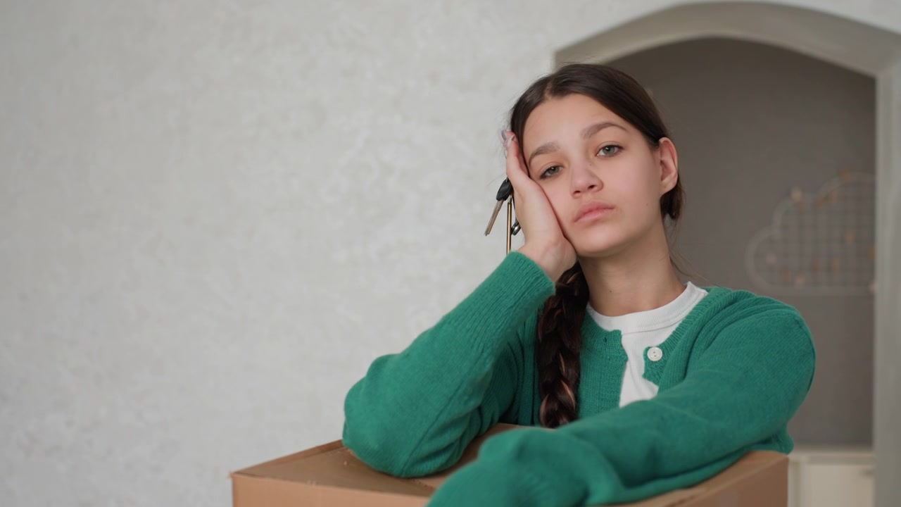 段ボール箱の上で鍵を手に持ち、物憂げな表情で考え込む若い女性。静かなアパートの室内には何もない壁と引っ越し用の箱が置かれ、ためらいがちな様子とささやかな生活の様子がうかがえる。