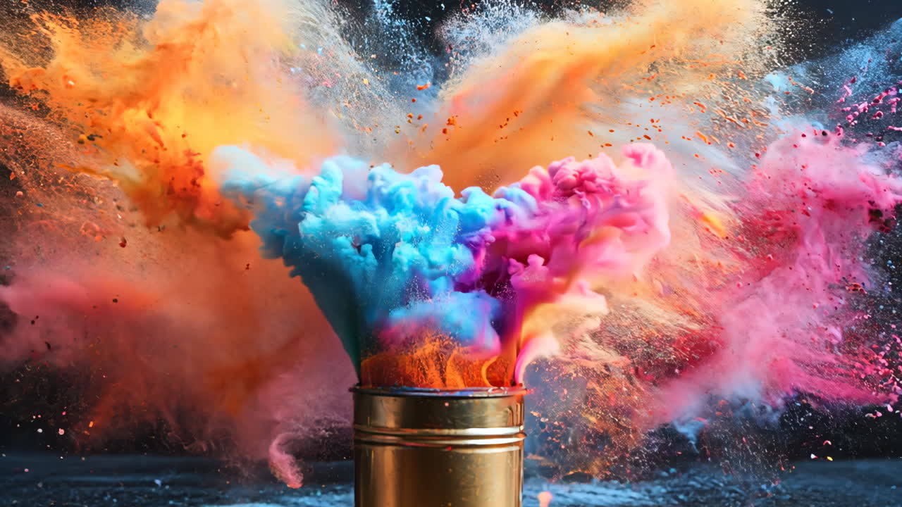 A colorful explosion of powder is in the air, with a gold canister in the middle. The colors are vibrant and the scene is dynamic, giving off a sense of energy and excitement