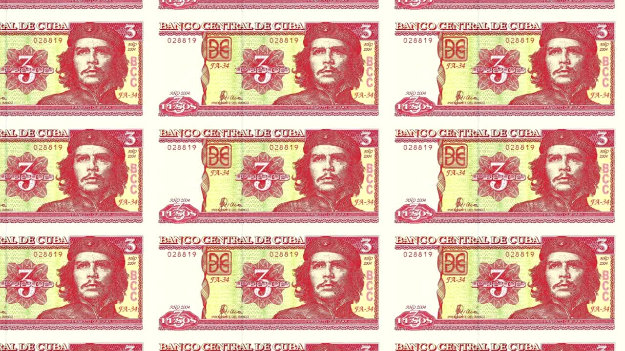 Banconote da tre pesos cubani della banca centrale di Cuba, denaro contante, loop