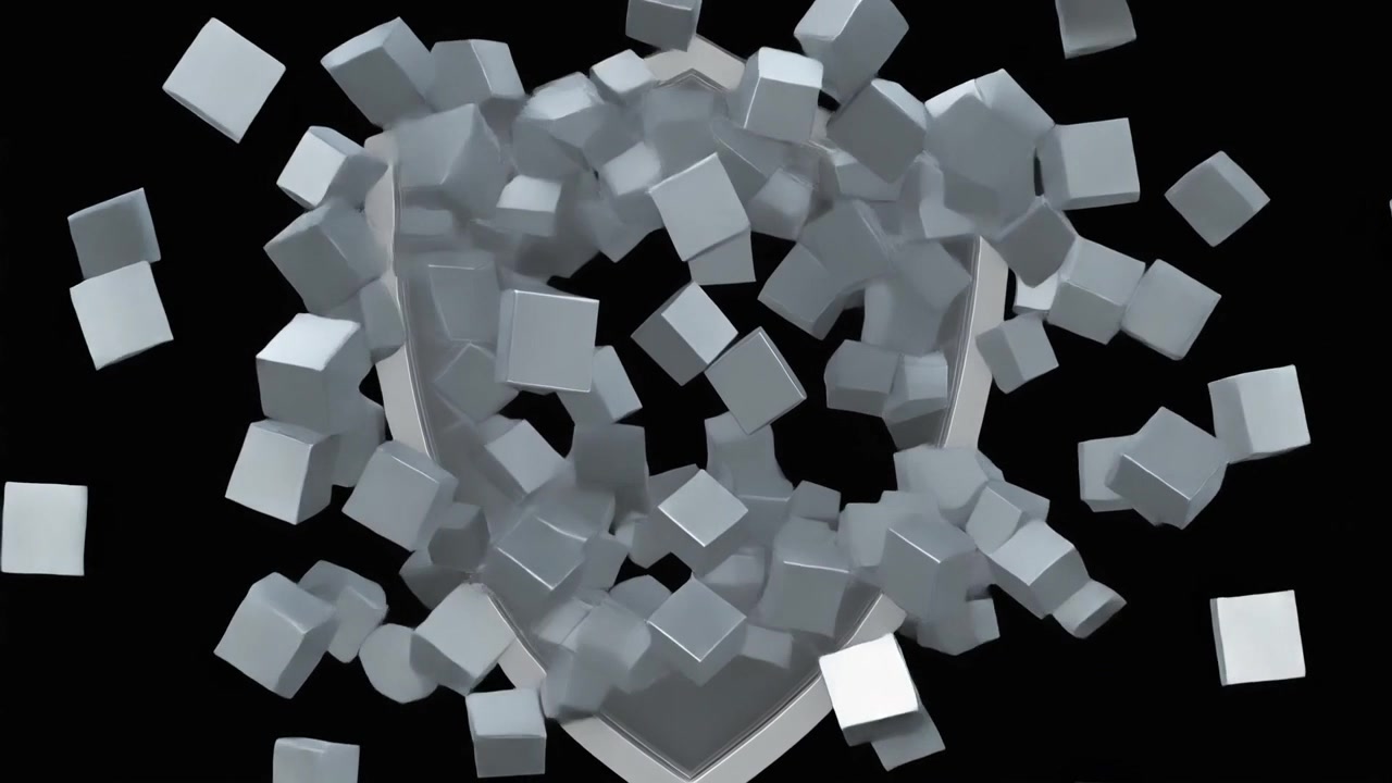 3D Shield Icon Exploding into Floating Cubes on Black Background