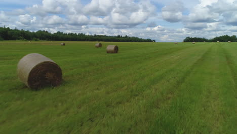 balas de heno en un campo verde bajo un cielo nublado