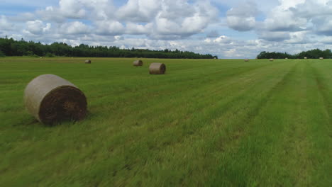 hay bales in a green field under cloudy sky