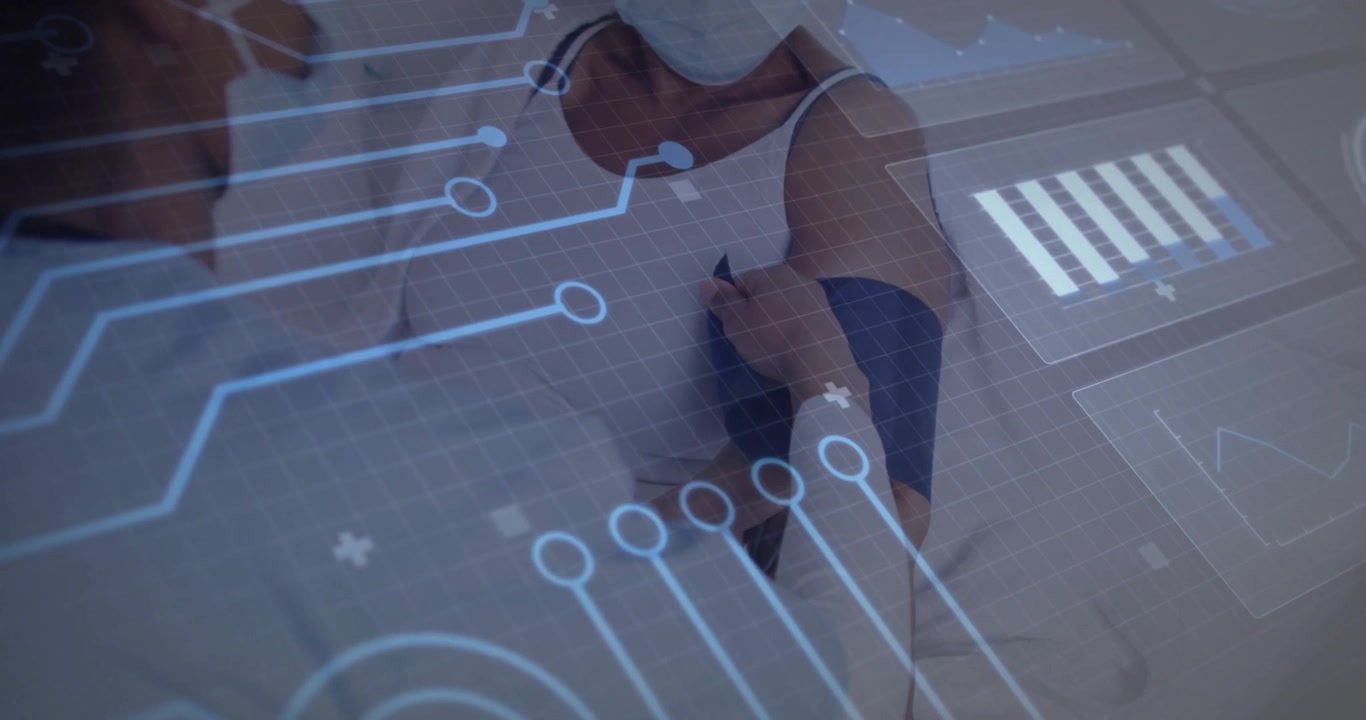 Infermiera che si avvicina al paziente per un controllo della pressione, applicando il bracciale con sovrapposizioni grafiche che monitorano i parametri vitali.