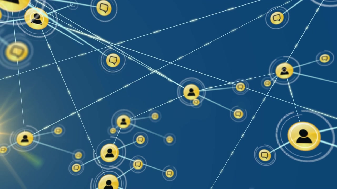 Animation of network of connections with icons over light trails on blue background