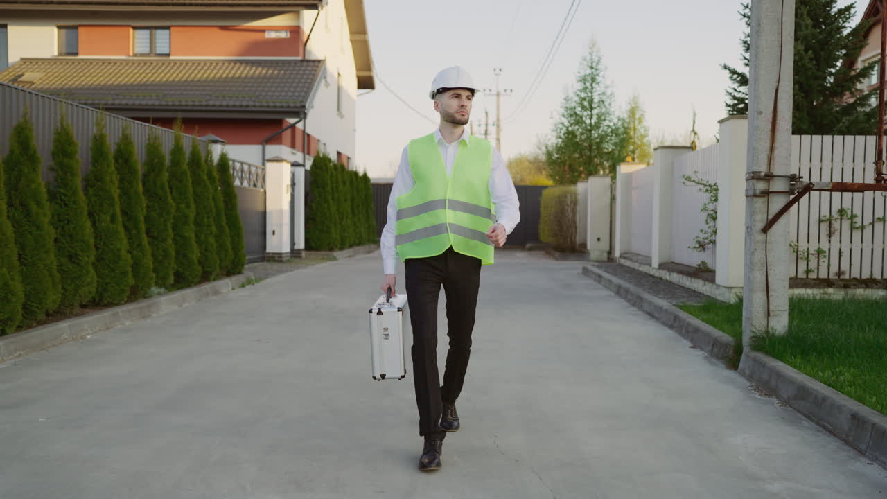 Man in hard hat and safety vest walking with a briefcase