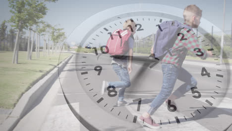 Animation-of-clock-over-diverse-schoolchildren-running