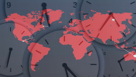 world map with clock faces showing different time zones in animation style