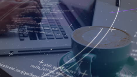animación del procesamiento de datos financieros sobre un hombre caucásico usando una computadora portátil