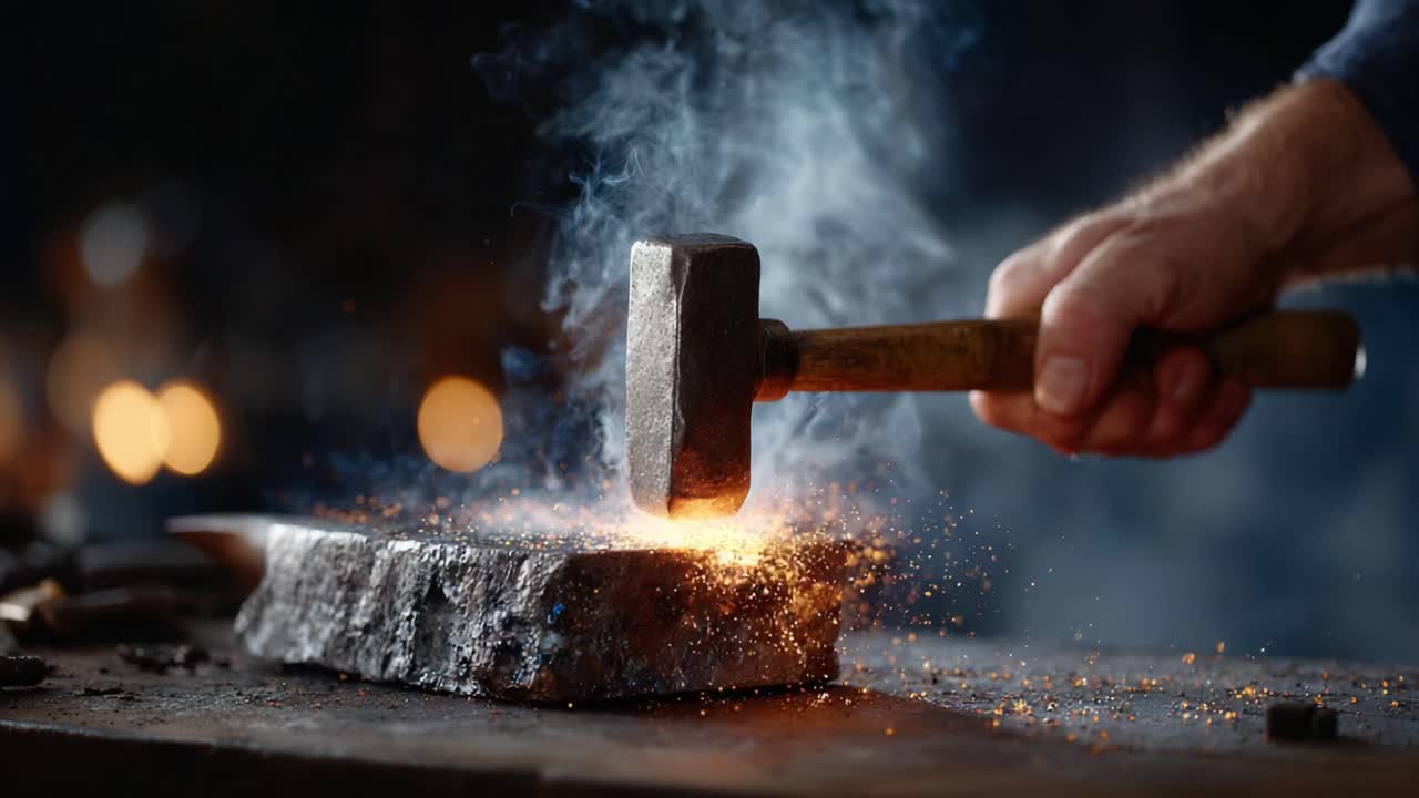 Craftsmanship in Action: A Hand Engaging in Blacksmithing, Shaping Metal with a Hammer as Sparks Fly in a Workshop Setting