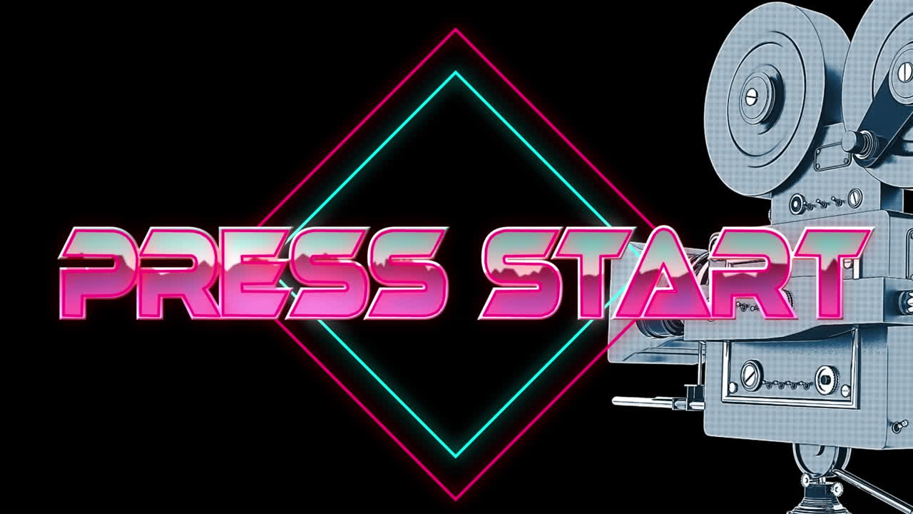 핑크 메탈릭으로 인쇄 시작 텍스트의 애니메이션, 검은색에 네온 선 위에 영화 카메라