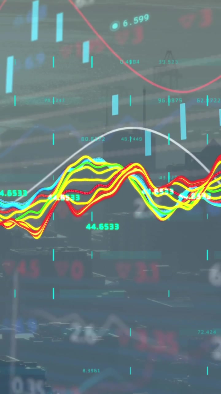 Animation of financial data processing over cityscape