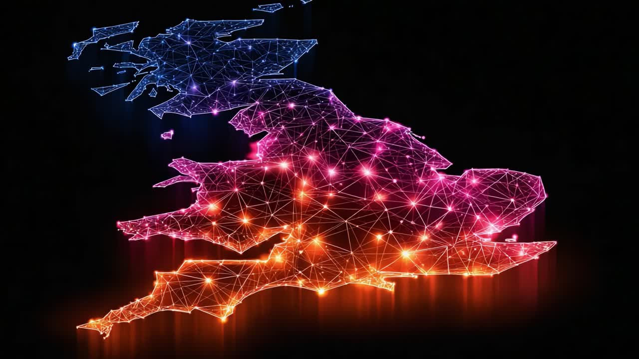 A Dynamic Representation of a Geographical Area Using Vibrant Colors and Connective Lines to Illustrate a Networked Landscape