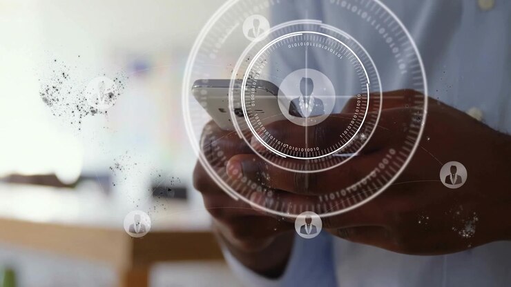 Man holding smartphone in tech office as particles drifting and HUD rings growing forming network